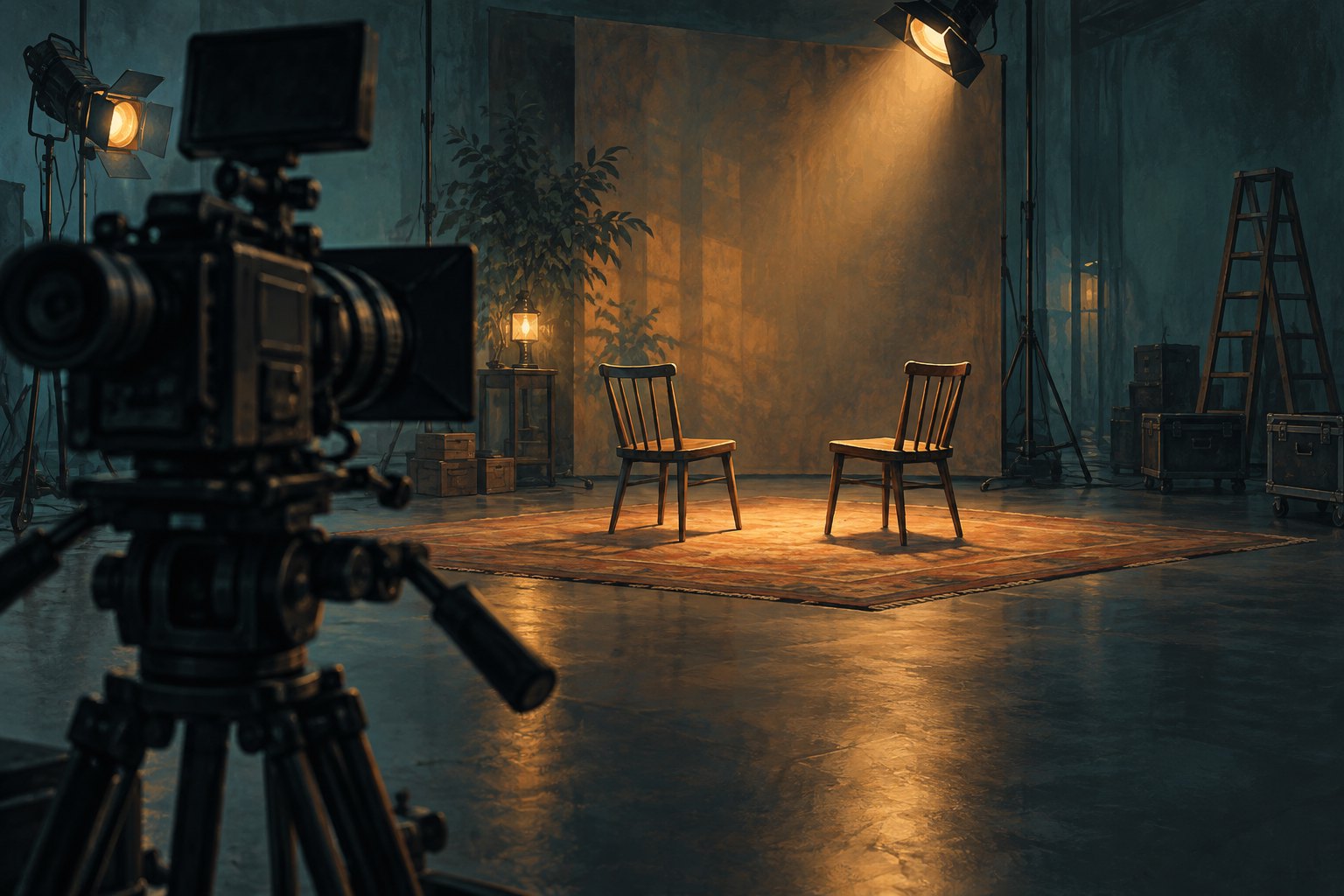 Conceptual illustration of a cinema camera beside two wooden chairs under warm soundstage lighting.