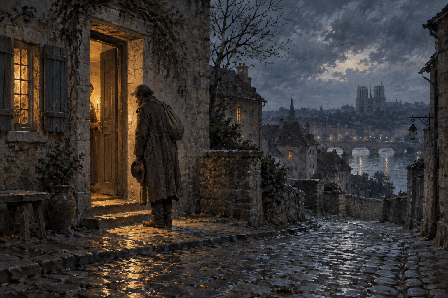 Painterly illustration of a weary traveler outside a warmly lit stone doorway overlooking a misty French city.