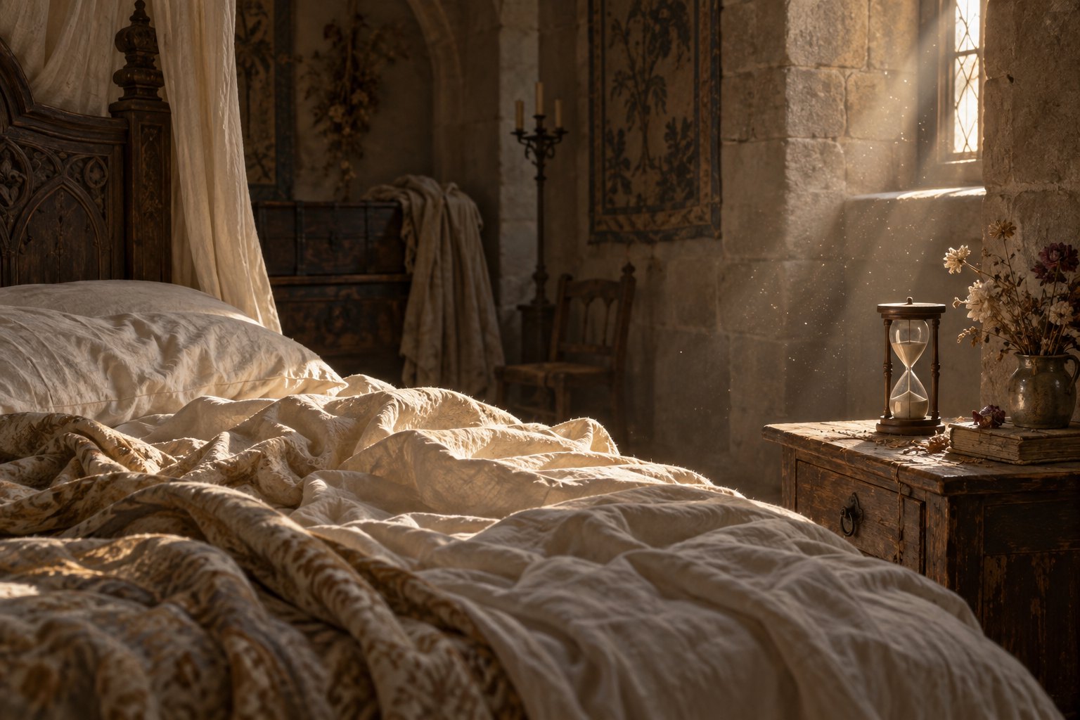 Conceptual illustration of an empty stone bedroom with rumpled ivory bedding, dried flowers, and an hourglass in morning light.