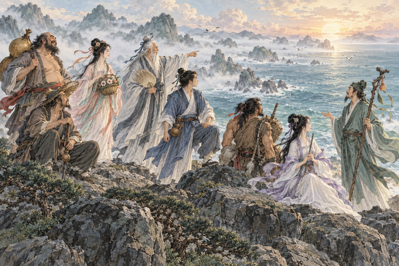 八位形貌各异的神话旅人携带传统法器，在海边礁石上共同观察前路的概念插画