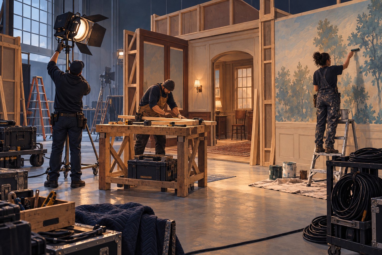 Editorial illustration of three film workers adjusting a light, building scenery, and painting an interior set in a workshop.