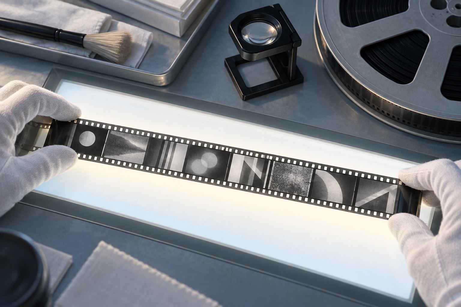 Conceptual illustration of gloved hands inspecting a film strip on a light table beside a magnifying loupe and reel.