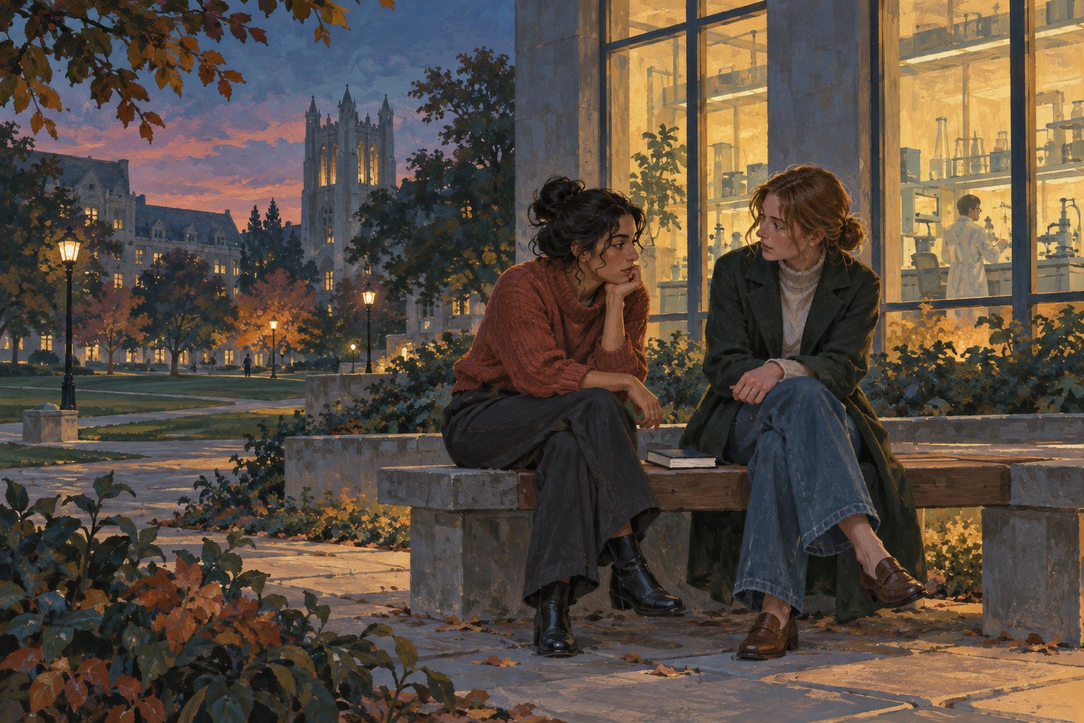 Conceptual illustration of two women talking on a stone campus bench outside warmly lit laboratory windows at dusk.