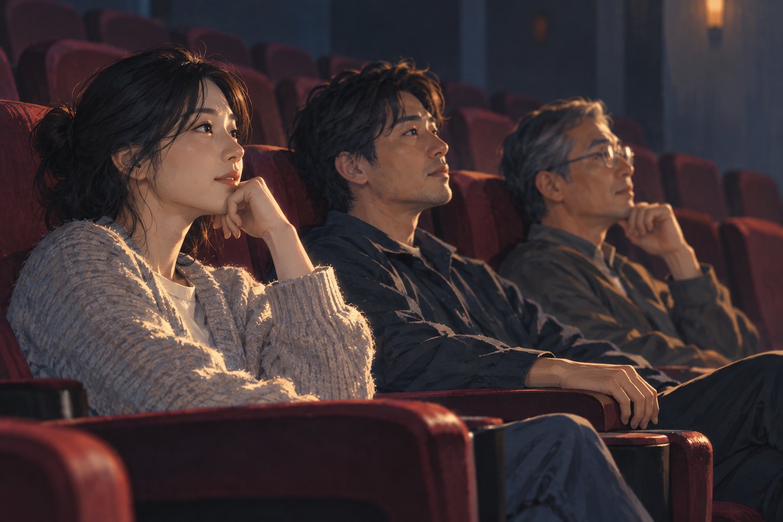 原创插画：不同年龄的观众坐在影院里，银幕光映亮专注而沉思的面庞