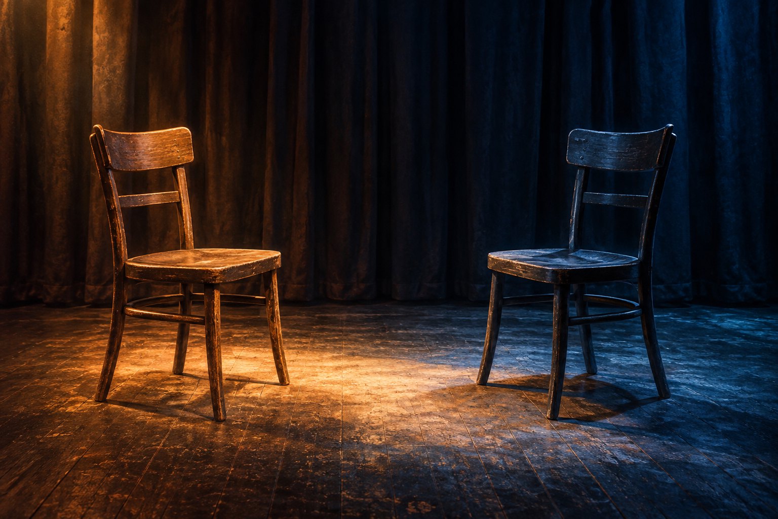 Conceptual illustration of two empty wooden rehearsal chairs facing each other under warm amber and cool blue stage lighting.