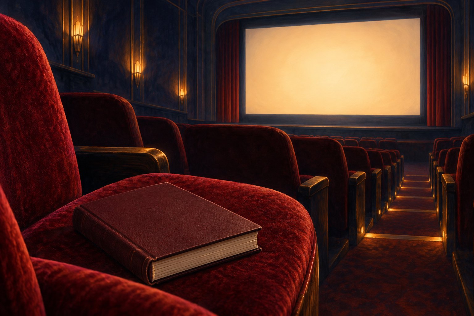 An illustrated closed burgundy book rests on a red velvet theater seat facing a glowing blank screen.