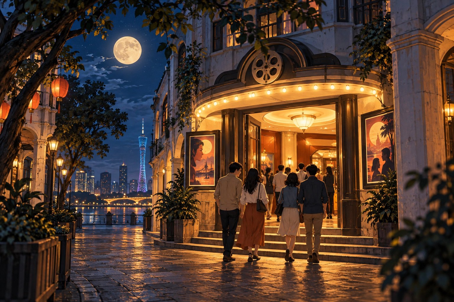 原创概念插画：圆月下的岭南骑楼街道，观众结伴走向灯光温暖的影院