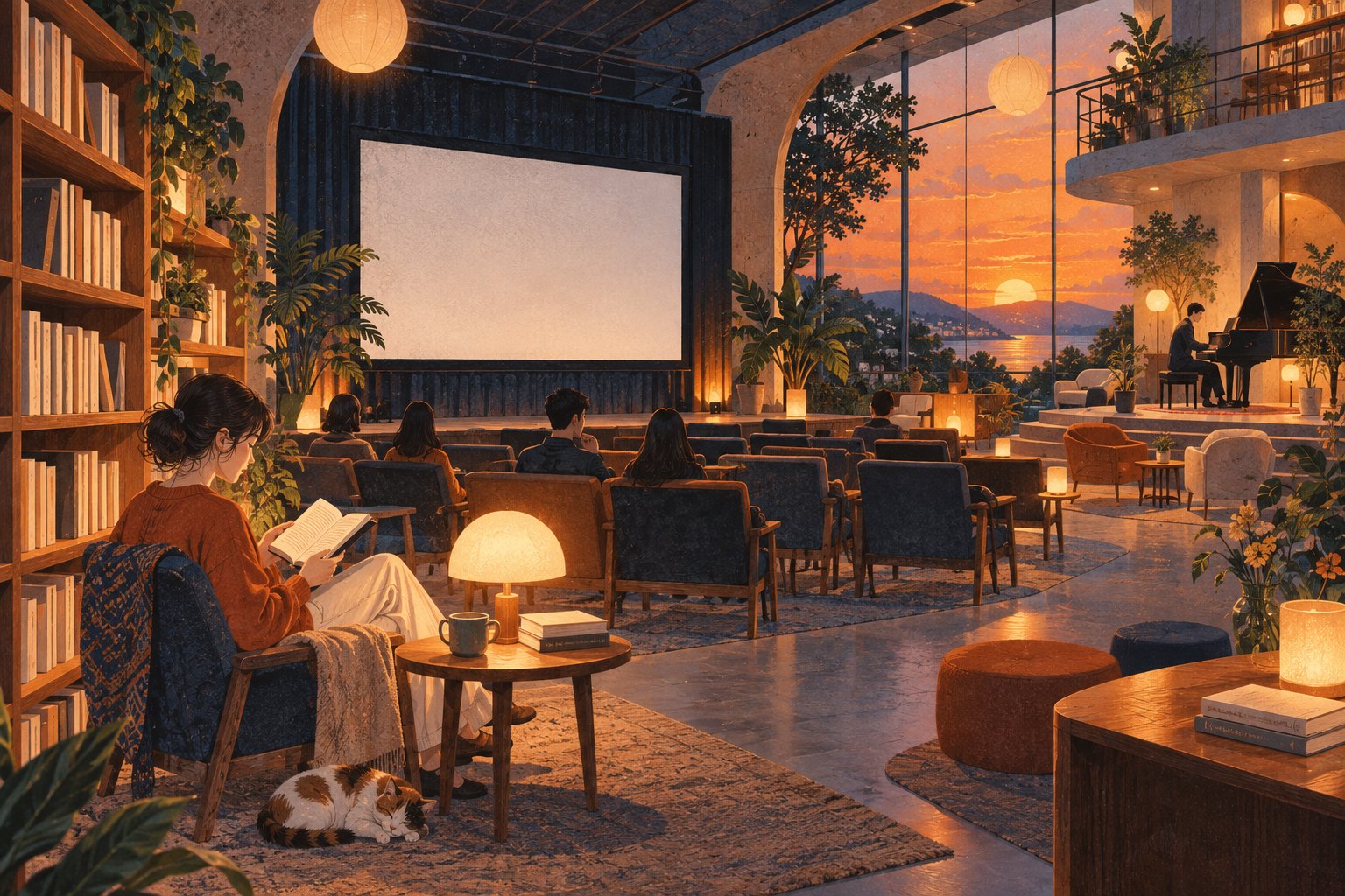 假日文化空间概念插画,阅读角、电影放映区与钢琴演奏区相互连接
