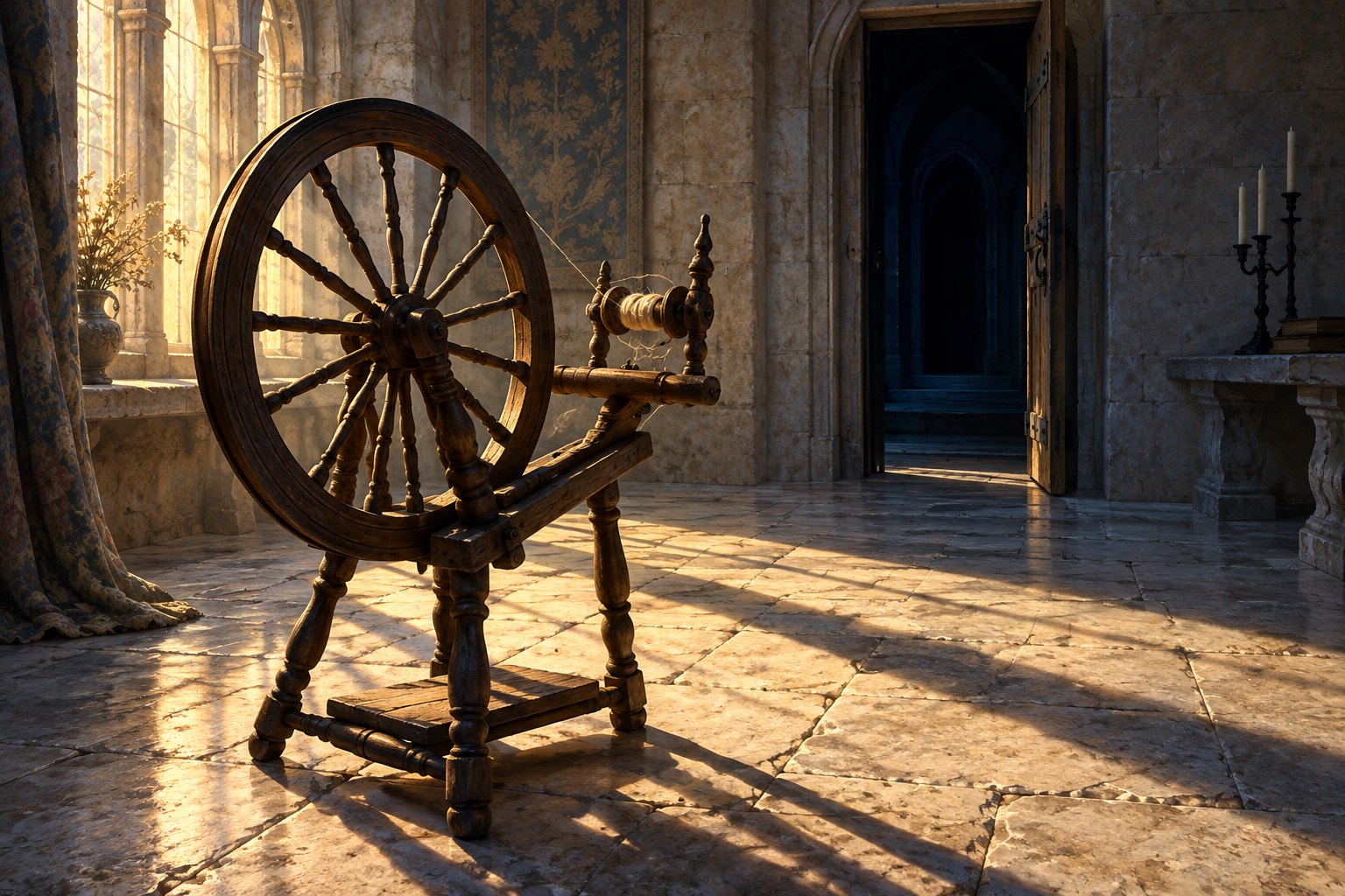 Conceptual illustration of a wooden spinning wheel in a sunlit stone chamber beside a dark doorway.