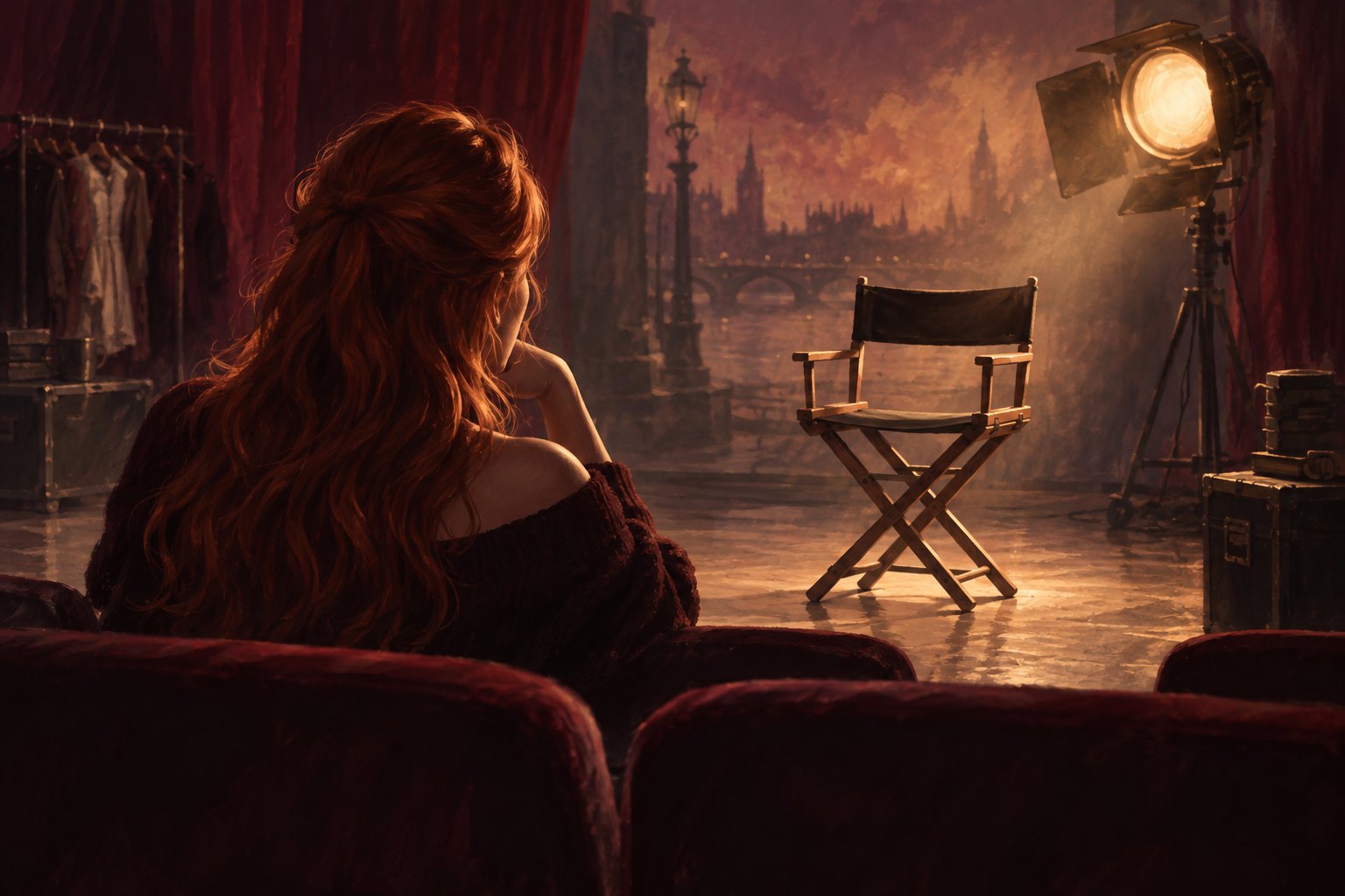 Conceptual illustration of a red-haired performer facing an empty director’s chair beneath a warm studio light.