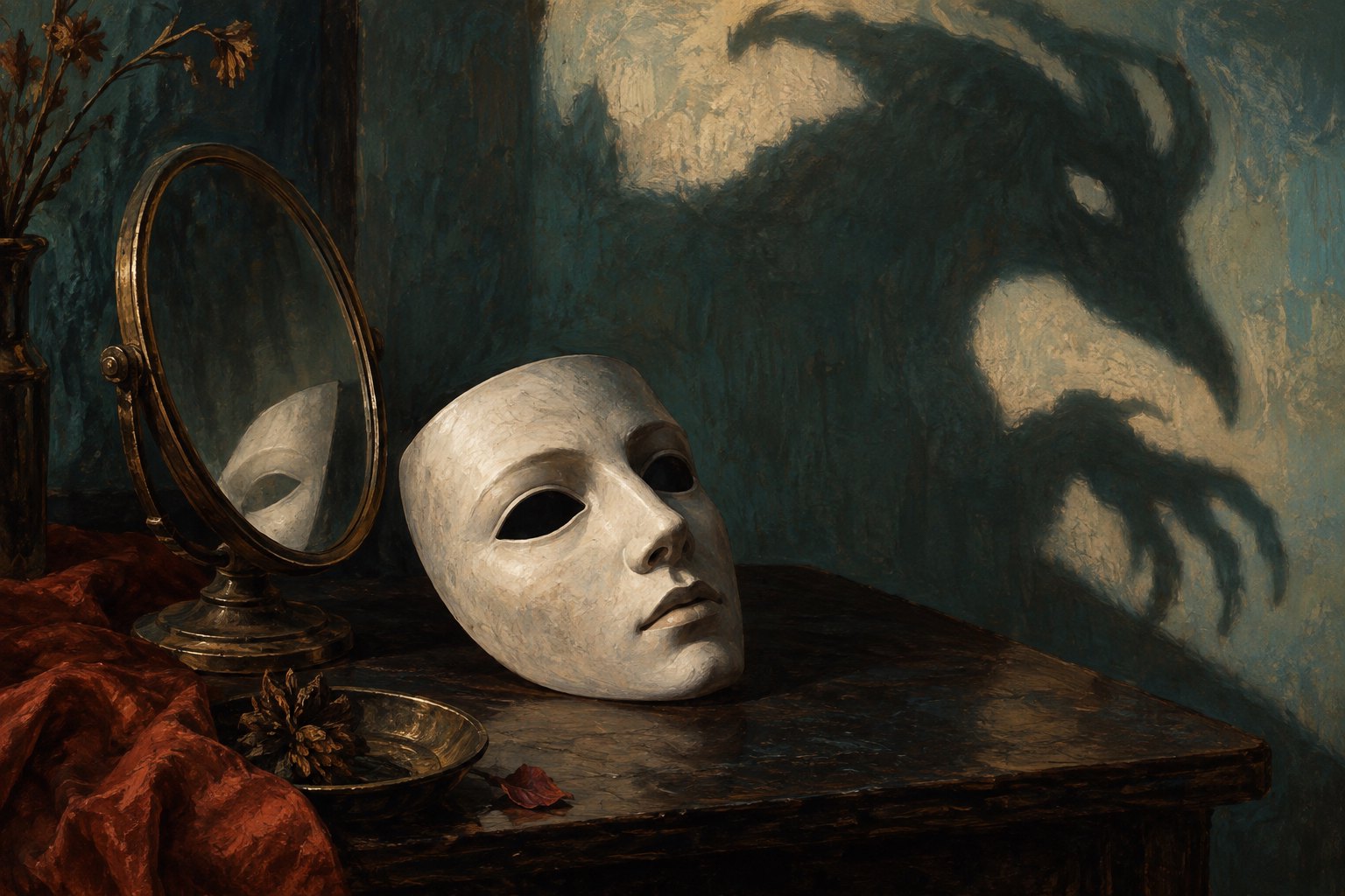 Conceptual illustration of a theatrical mask beside a tilted mirror, casting an ambiguous creature-like shadow on the wall.