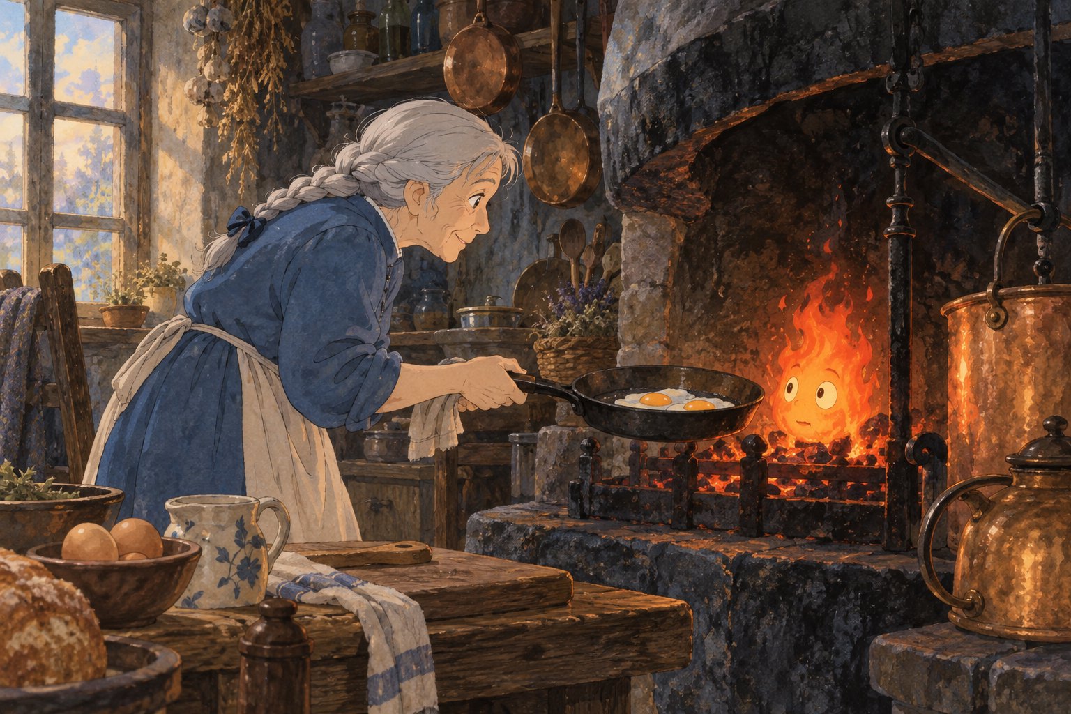 Watercolor illustration of elderly Sophie holding a pan of eggs beside Calcifer in a warmly lit castle kitchen.