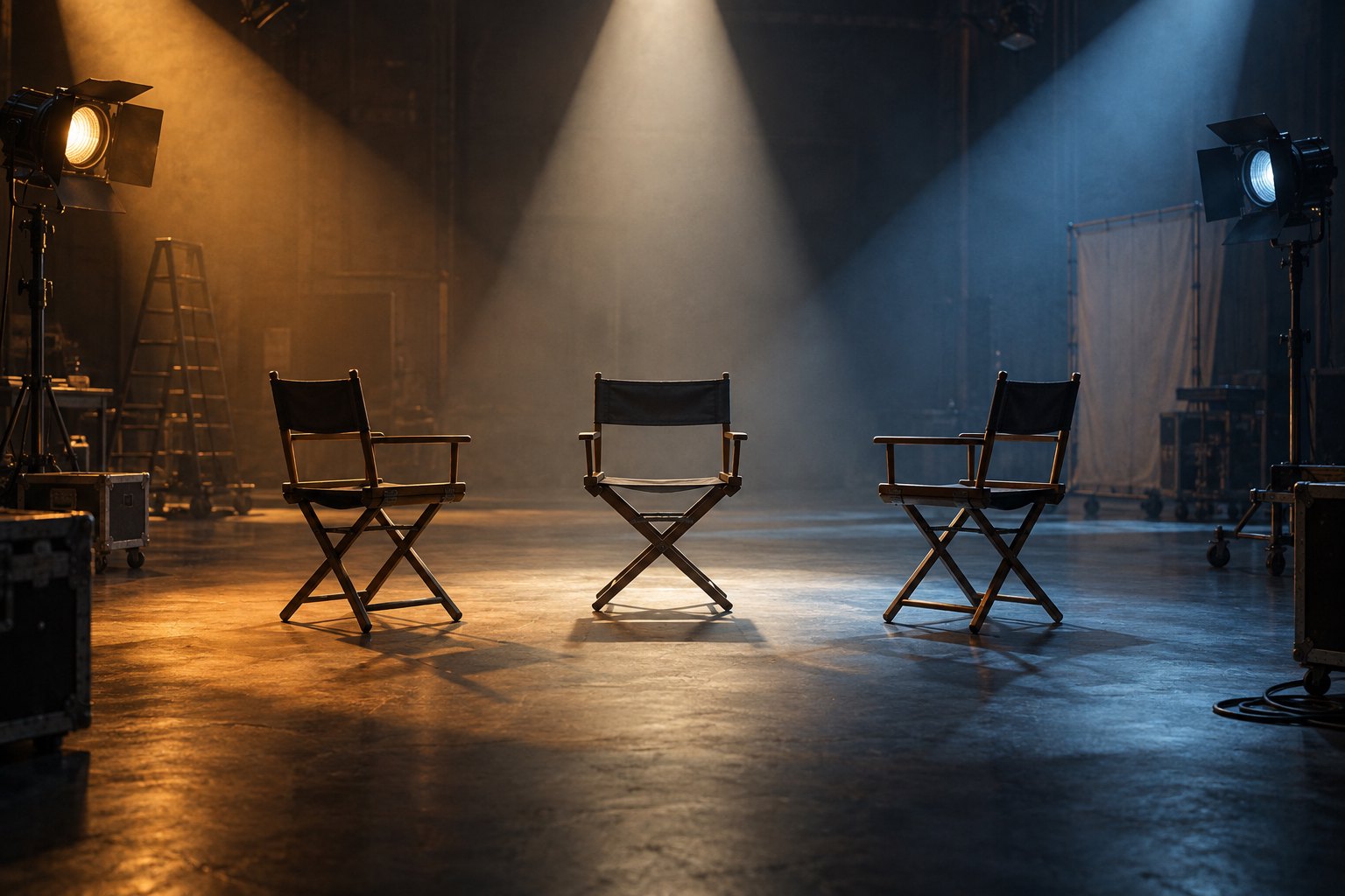 Conceptual illustration of three empty actor chairs under amber, ivory and blue lights on a soundstage.