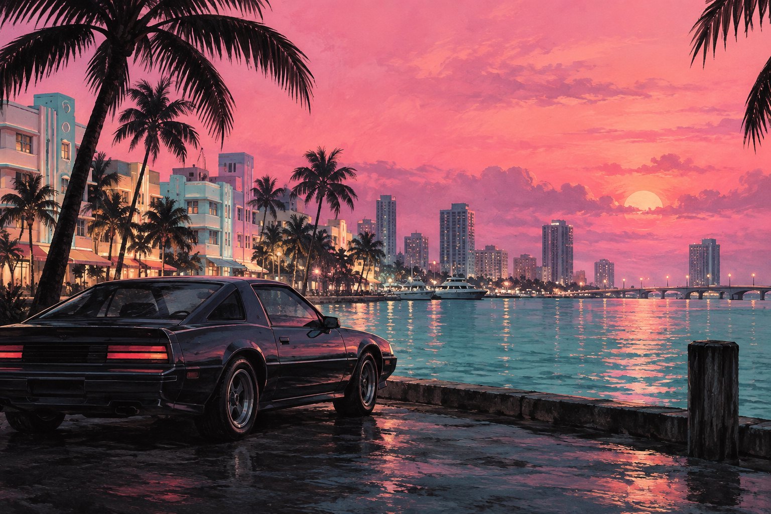 Conceptual illustration of a dark coupe beside a palm-lined Miami waterfront under a pink evening sky.