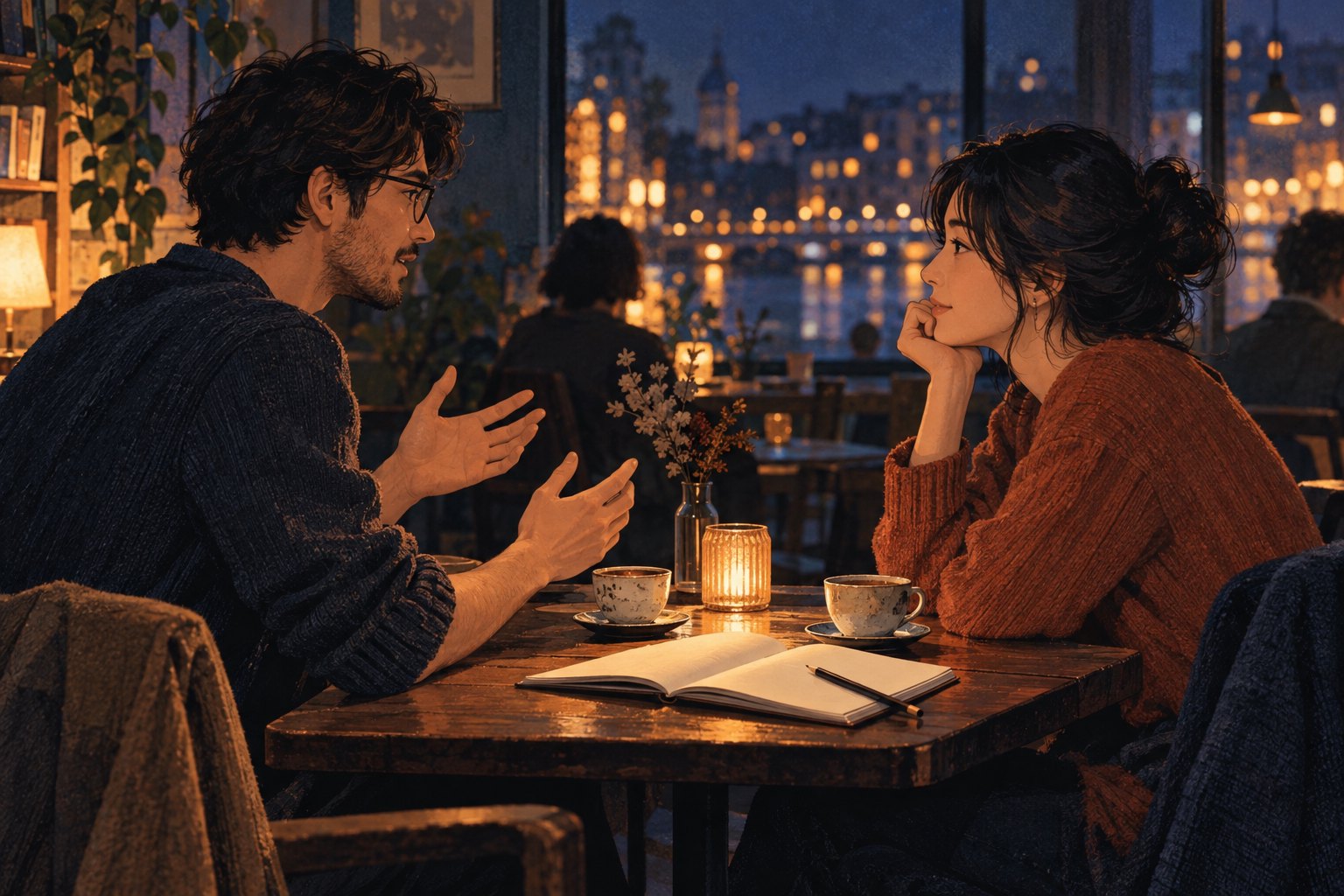 观影交流主题插画:两名影迷在夜晚的咖啡馆交谈,桌上放着空白笔记本和茶杯