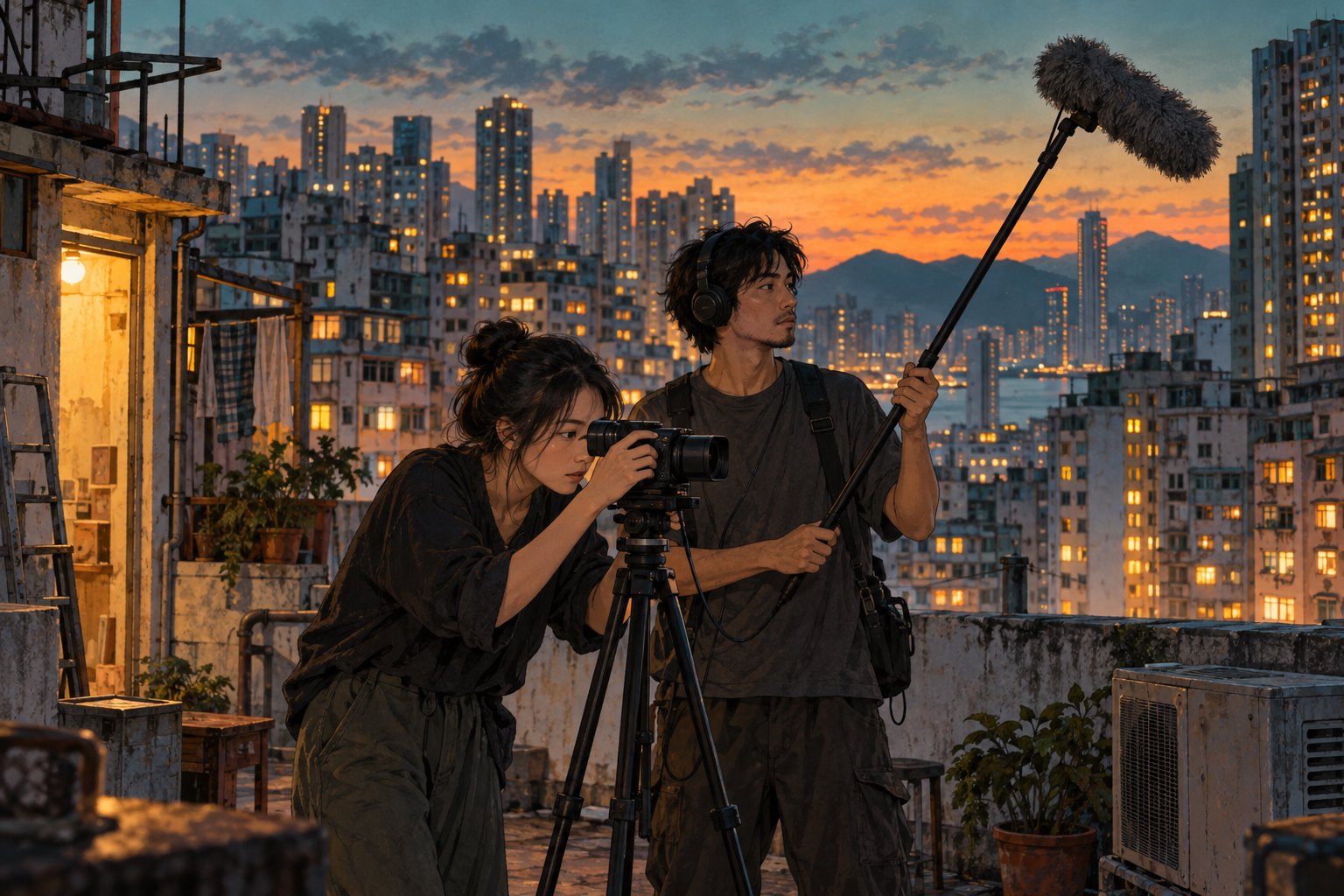 概念插画：暮色中的香港住宅楼天台，两名青年创作者操作摄影机与收音设备