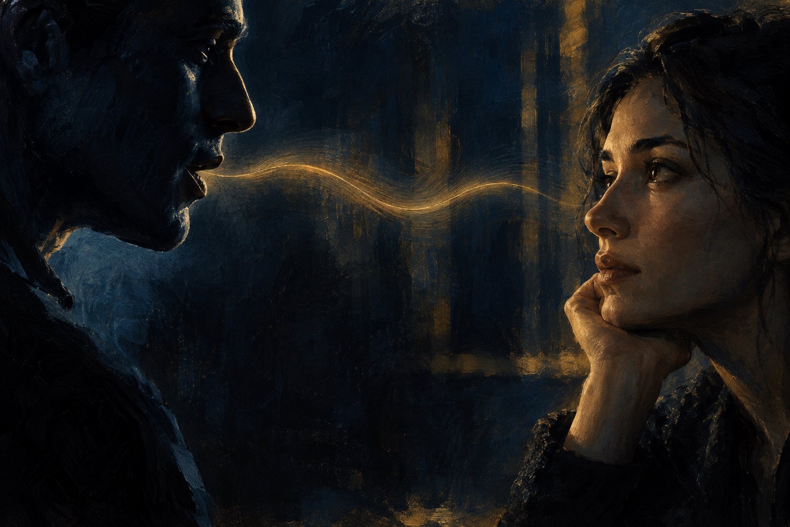 Painterly illustration of a golden sound wave passing between a shadowed speaker and an attentive listener.