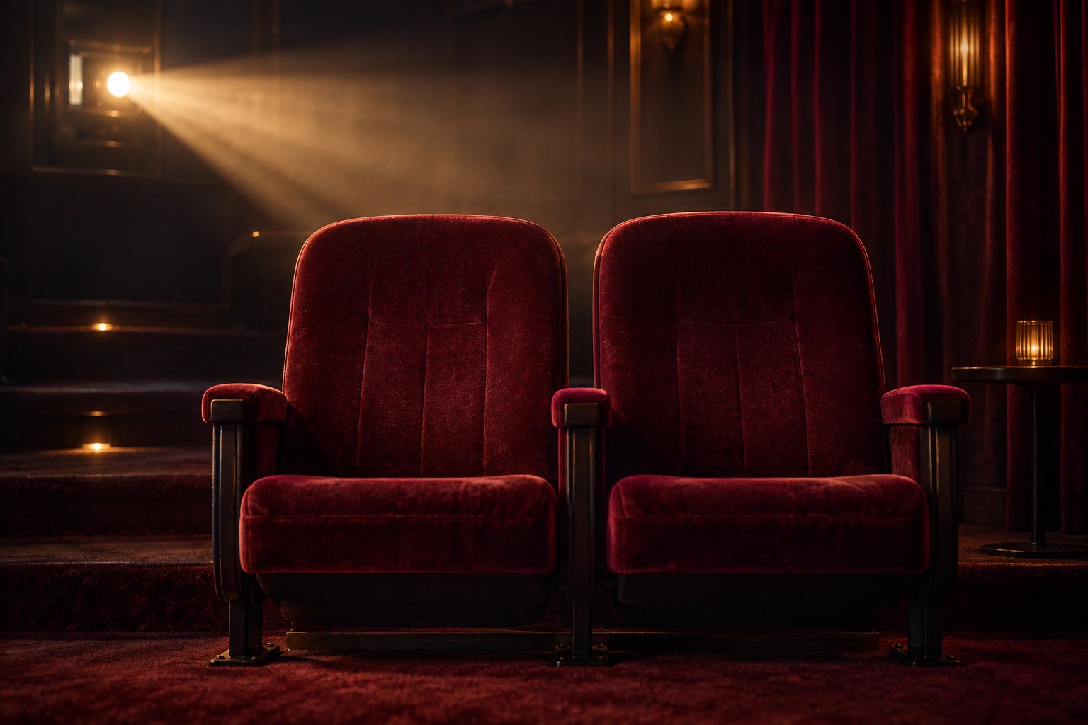Conceptual illustration of two burgundy cinema seats illuminated by a golden projector beam.