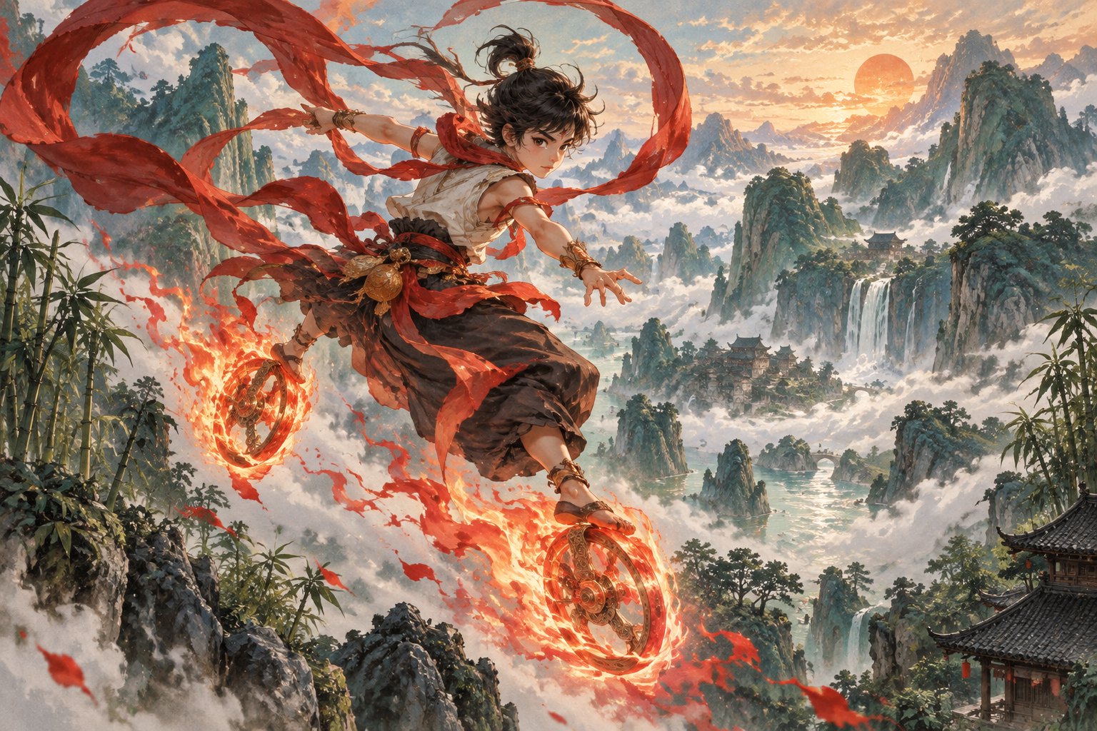 神话少年脚踏火轮、挥舞红绫,穿行于蜀地青山与云海之间的概念插画