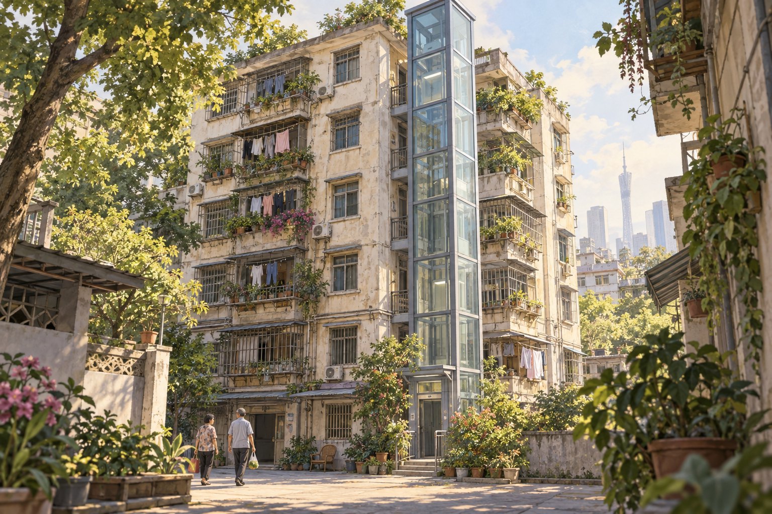 暖阳下的广州旧住宅楼与外挂玻璃电梯,街坊走过绿植环绕的院落,主题插画