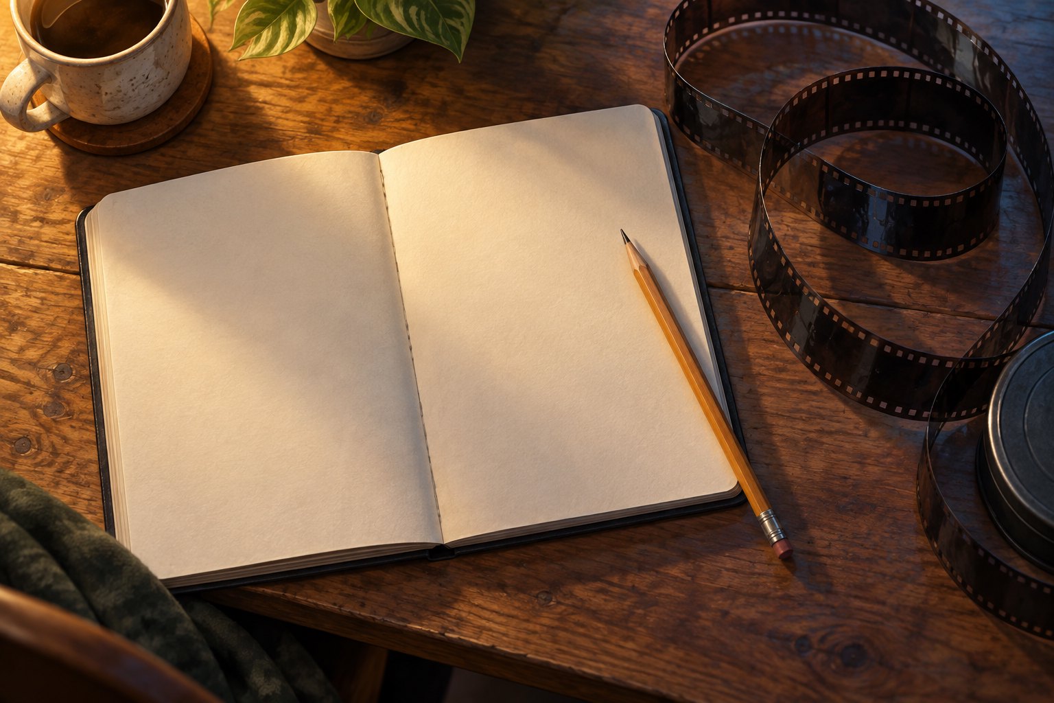 Conceptual illustration of a blank notebook and pencil beside coiled film on a warmly lit wooden table.