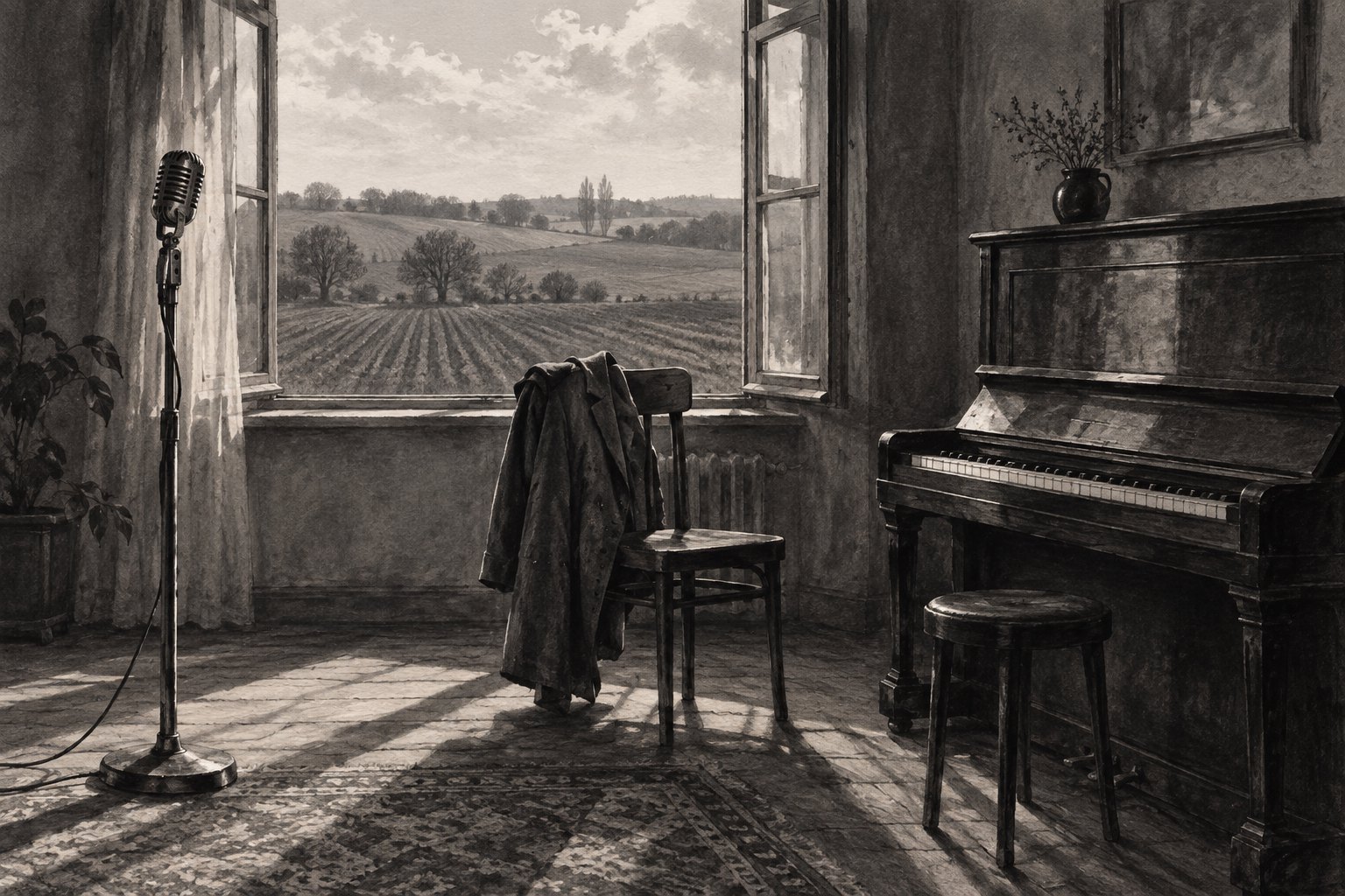 Monochrome conceptual illustration of an empty music room with a microphone, upright piano, and coat-draped chair overlooking farmland.