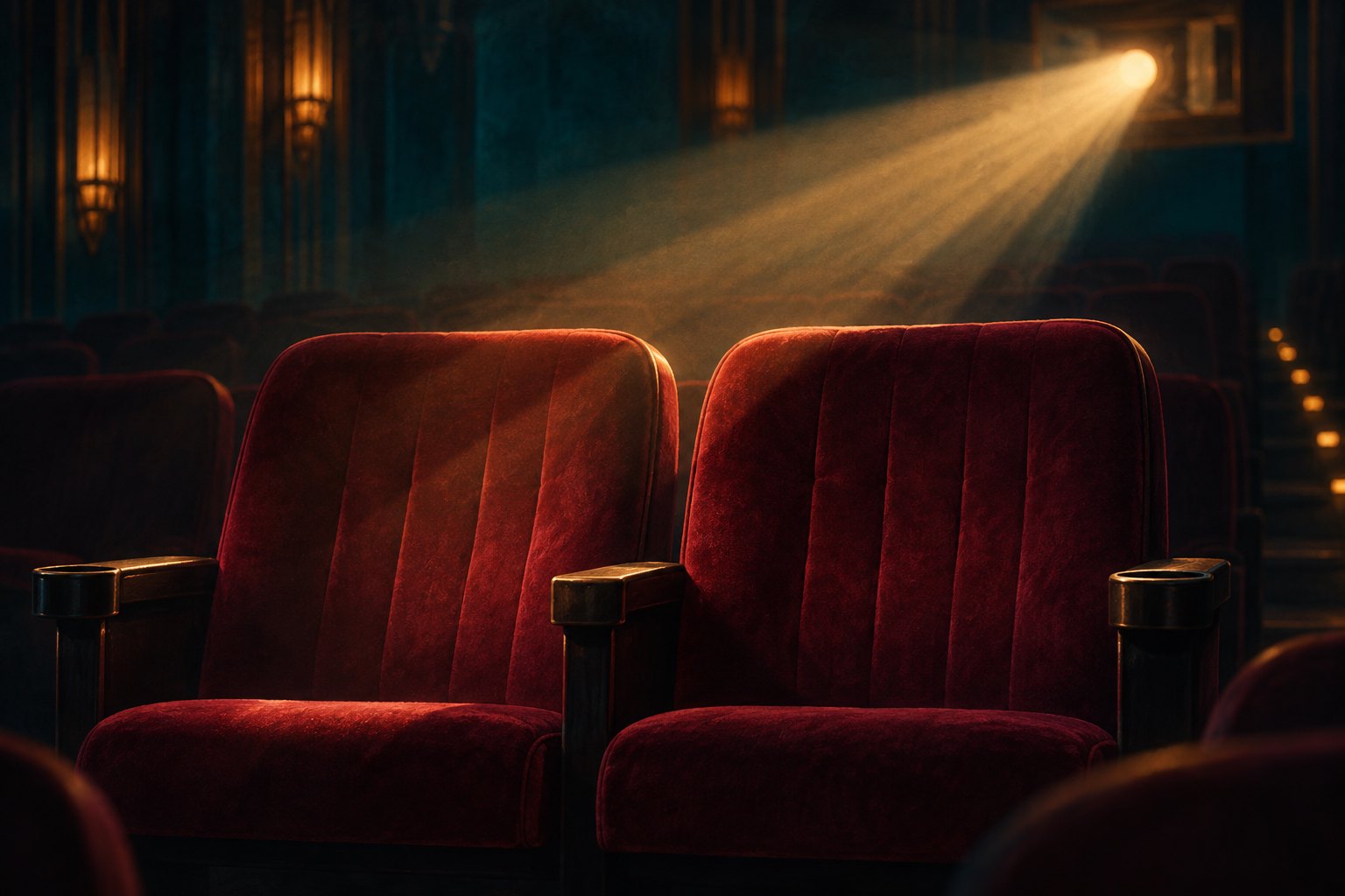 Conceptual illustration of two empty burgundy cinema seats illuminated by a warm beam of light.