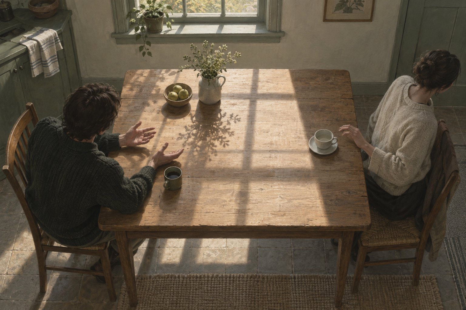 Painterly illustration of two adults sitting apart at a sunlit kitchen table, one gesturing while the other turns away.