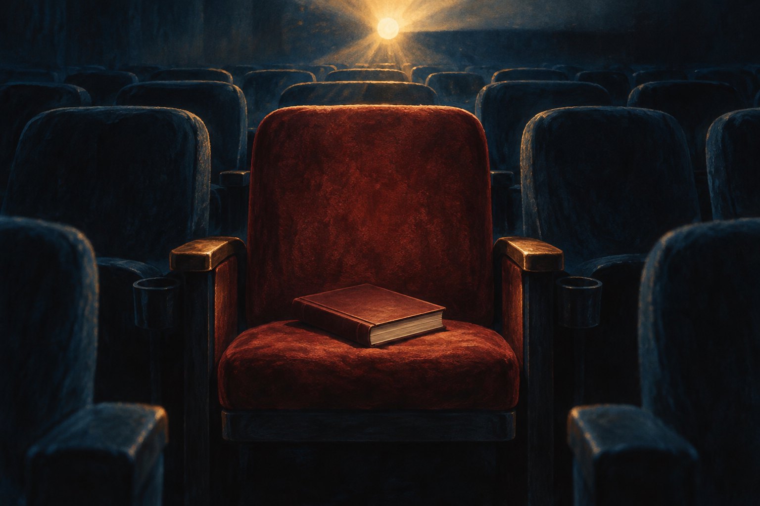 An unmarked burgundy book rests on an empty red cinema seat beneath a glowing projector beam.