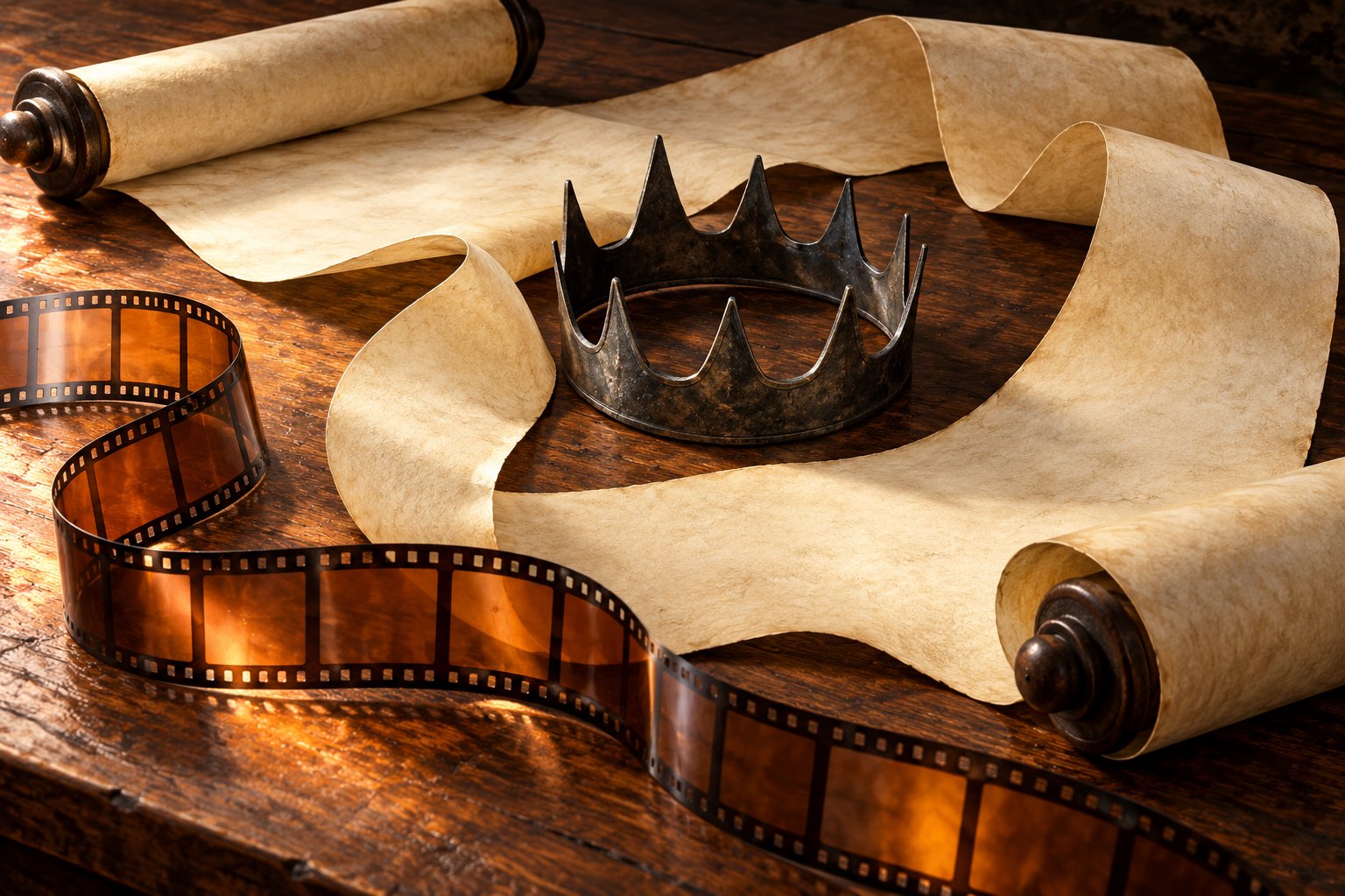 Conceptual illustration of a dark metal crown surrounded by blank parchment scrolls and curling film on a wooden table.