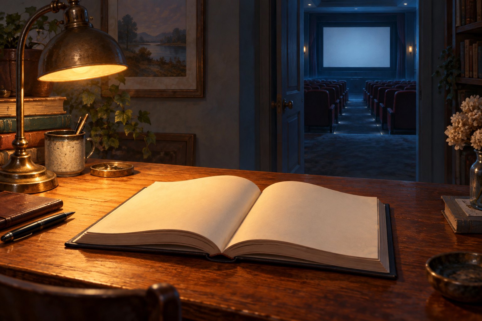 An open blank book rests under an amber desk lamp, with an empty blue-lit movie theater visible through a doorway.