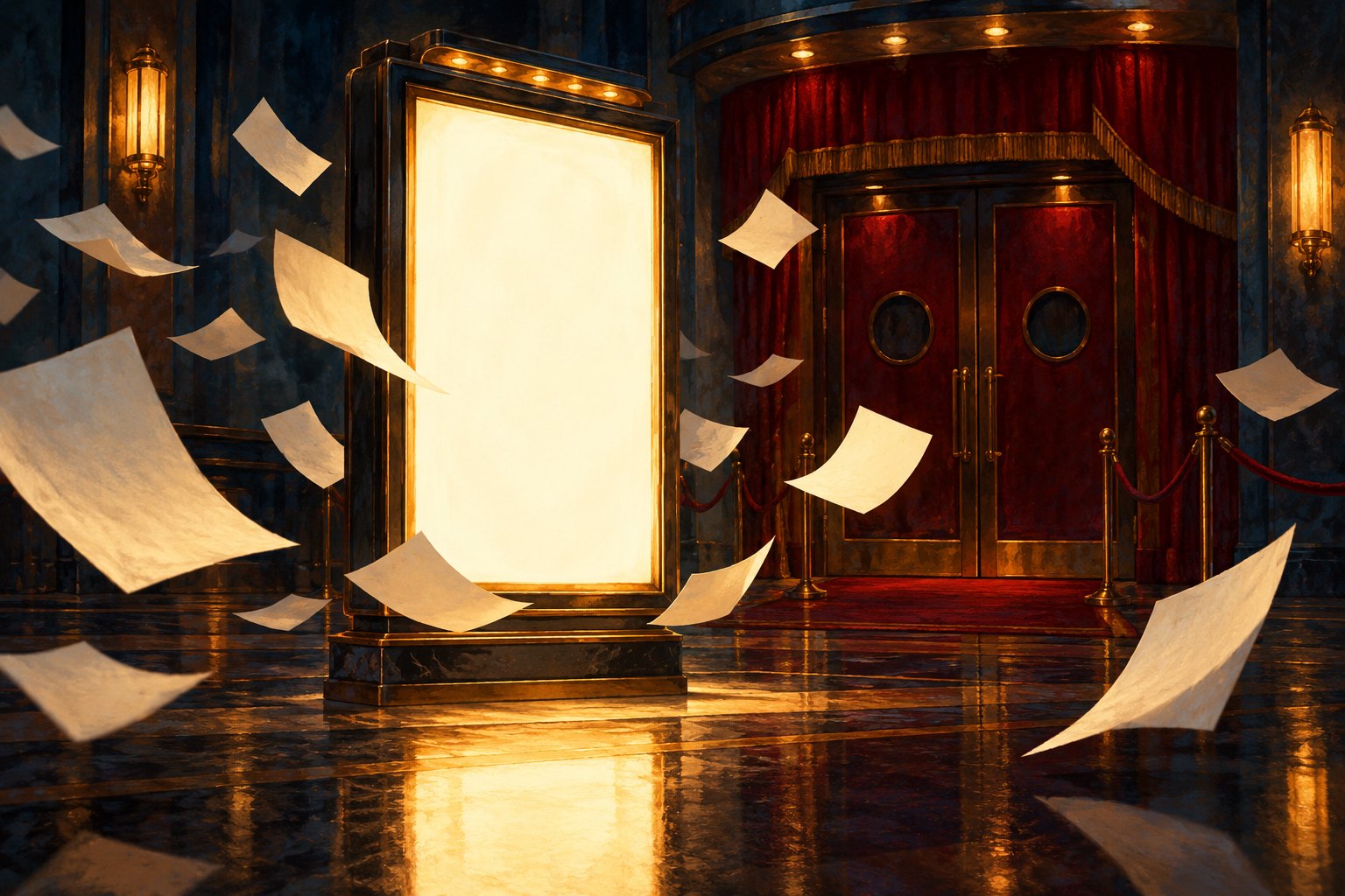 Conceptual illustration of a glowing blank movie poster surrounded by floating paper sheets in a dark theater lobby.