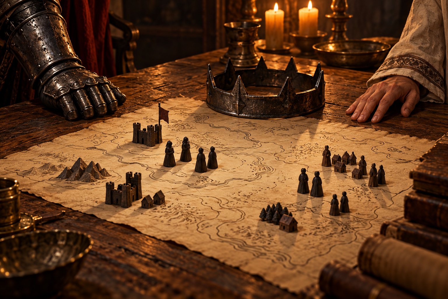 Concept illustration of an iron crown and wooden figures on a parchment map between an armored hand and a linen-sleeved hand.