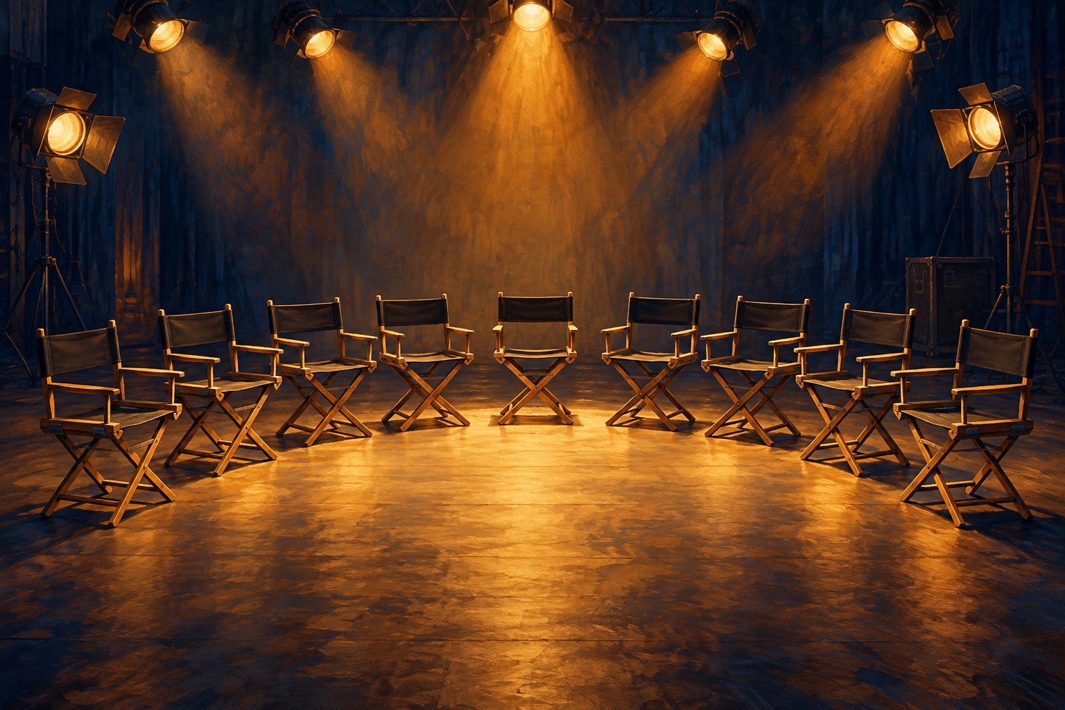 Conceptual illustration of nine empty director chairs arranged beneath warm spotlights on a studio stage.