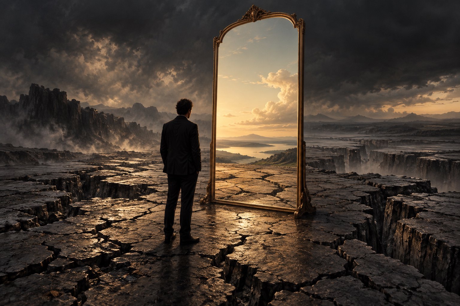 Conceptual illustration of a suited figure facing a golden mirror beneath storm clouds on fractured ground.