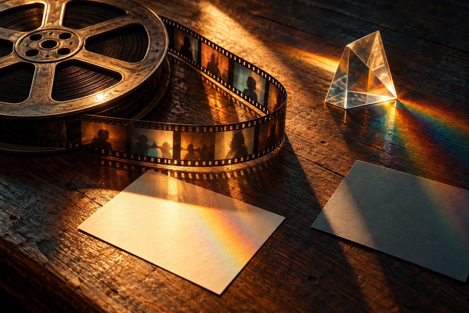 A film reel, an unspooled strip of silhouetted frames, and blank cards surround a glass prism casting colored light across a wooden table.