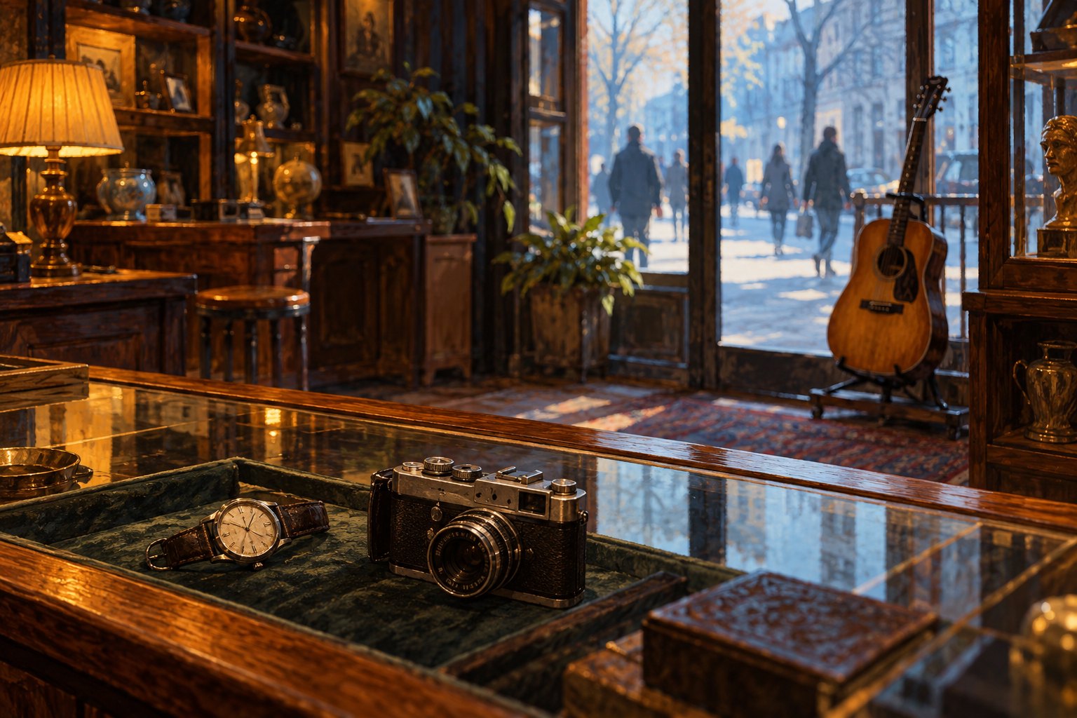 Conceptual illustration of a pawnshop display with a watch and camera, a guitar by the window, and indistinct pedestrians outside, not a film scene.