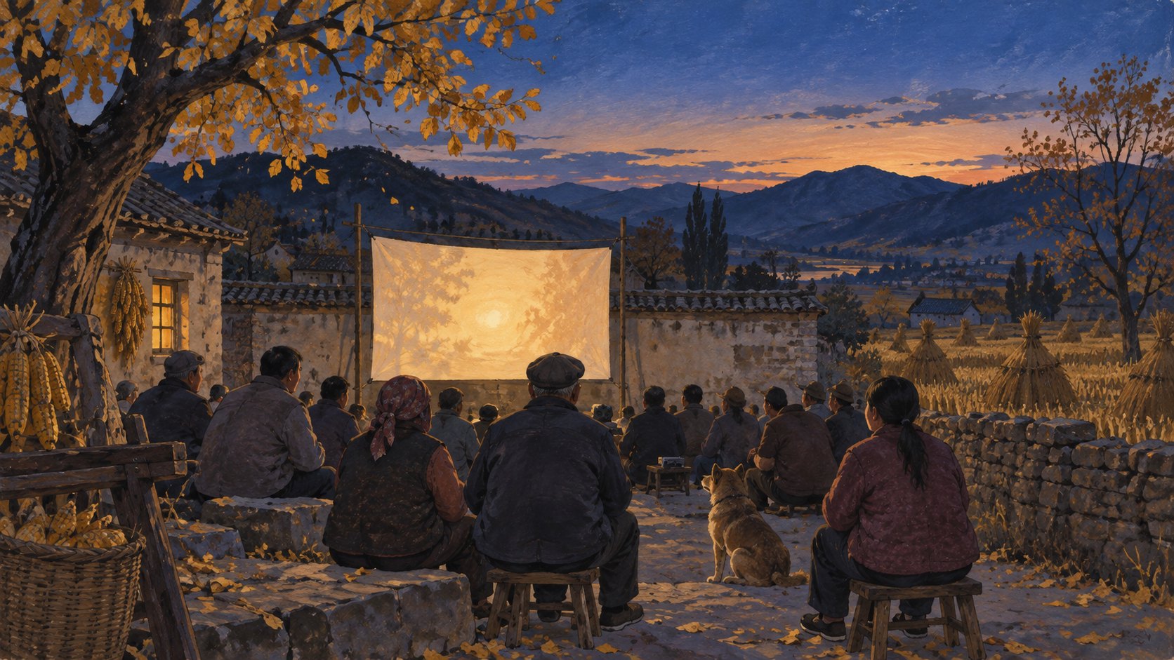 秋日暮色中的鄉村戶外放映情境插畫,觀眾面向銀幕而坐,遠方可見田野與山丘,非活動現場紀錄