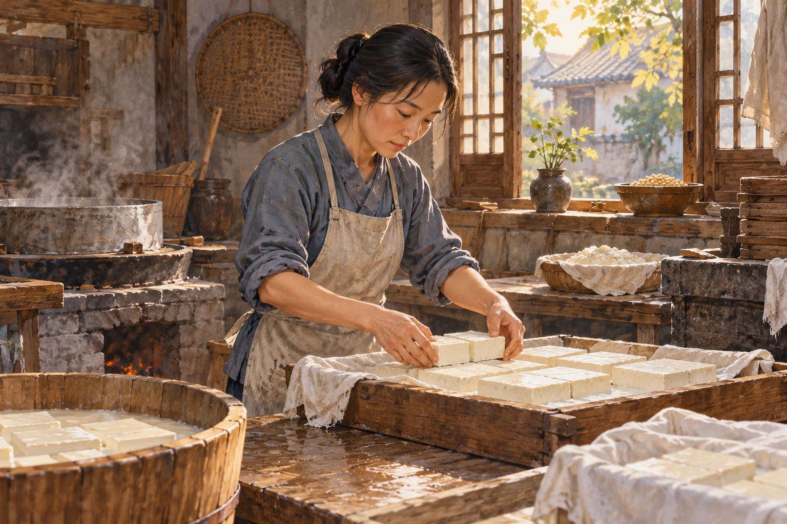 原创主题插画：晨光中的豆腐铺里，一位系围裙的女性整理木盘中的豆腐，非电影剧照