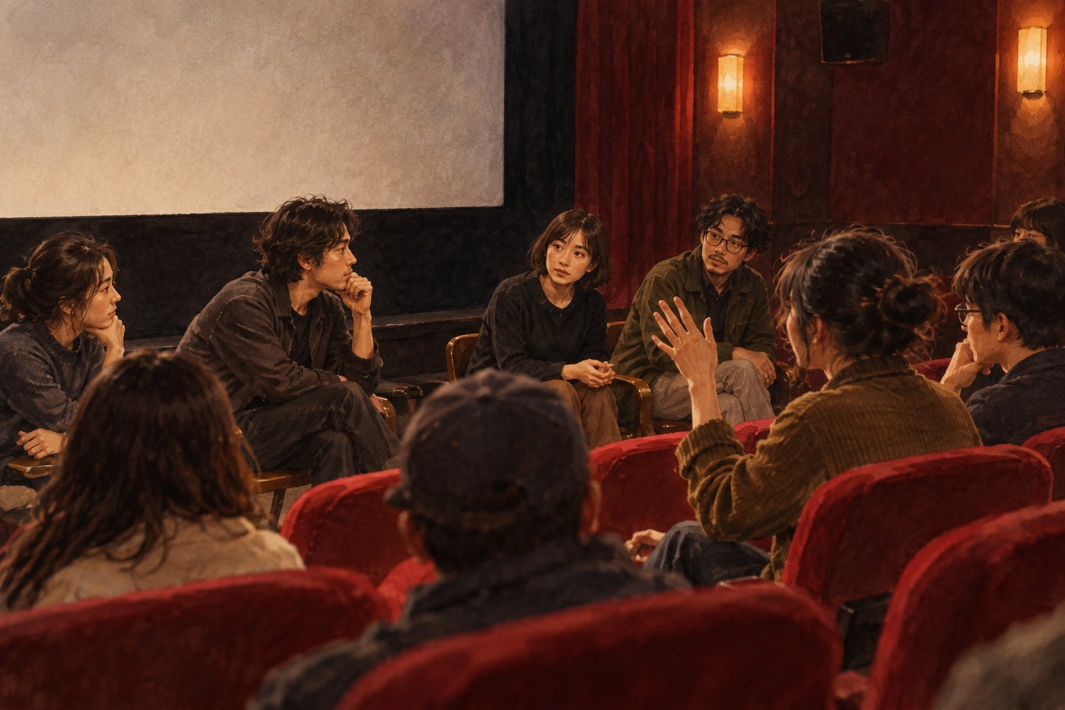 小型放映厅里,观众举手与青年电影创作者交流的概念插画,非现场纪实