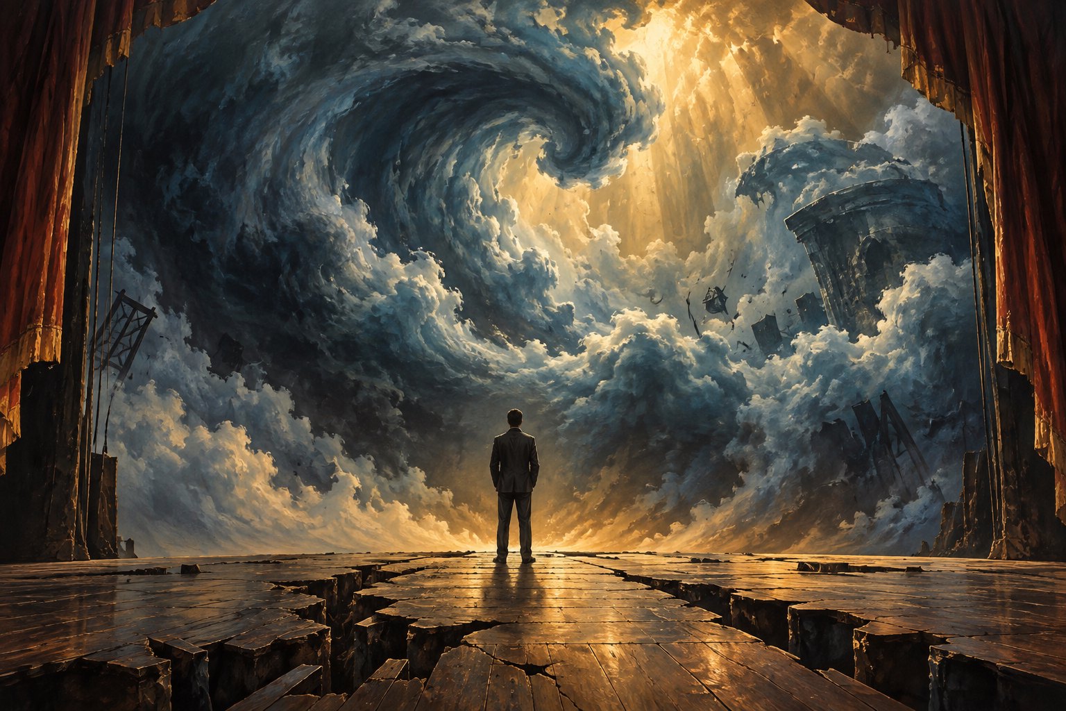 Conceptual illustration of a lone suited figure on a fractured stage facing immense storm clouds and amber light.