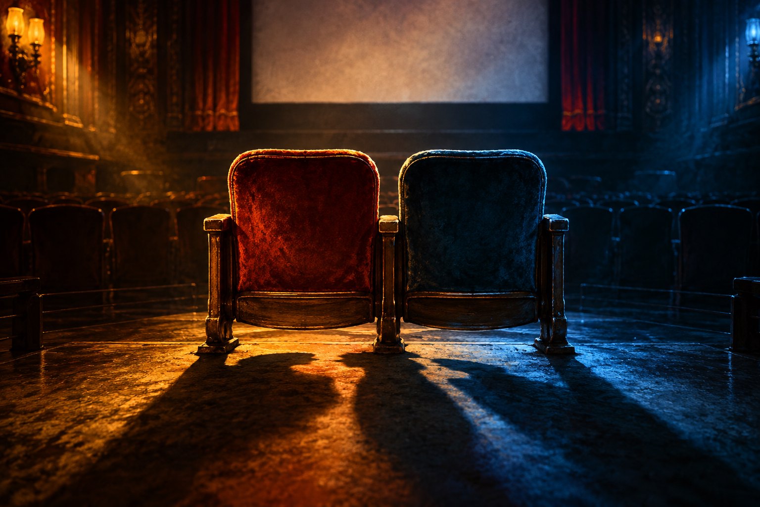Two vintage theater seats illuminated by contrasting amber and blue light face a blank cinema screen.