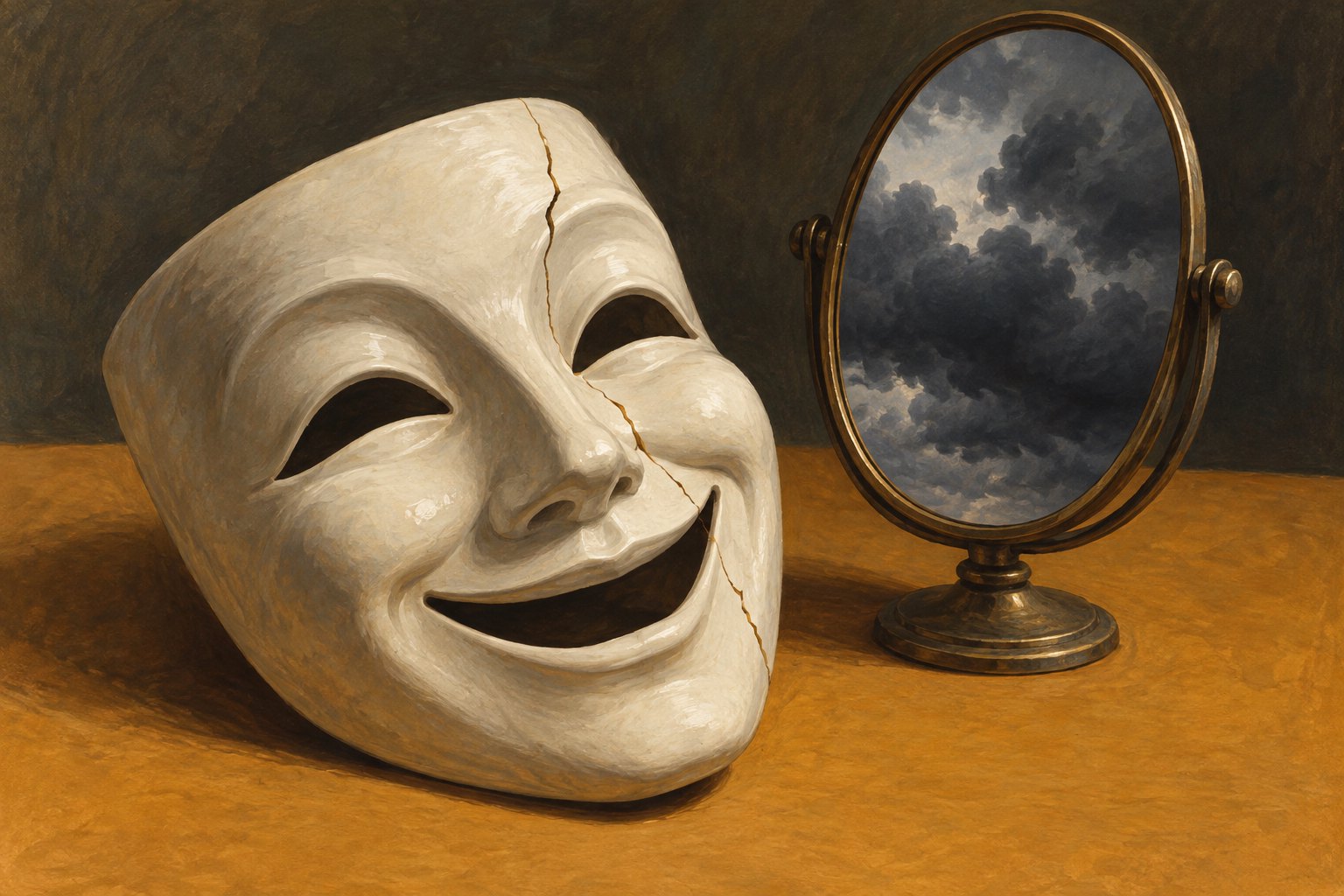 Conceptual illustration of a cracked smiling theatrical mask beside a mirror reflecting storm clouds.