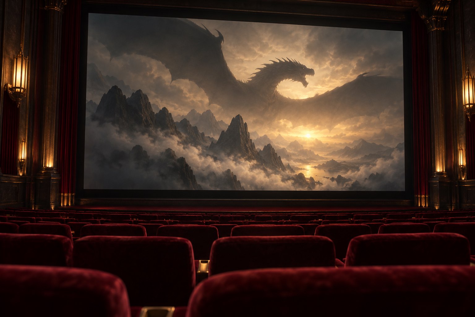 Conceptual illustration of an empty movie theater with red seats and a dragon looming over misty mountains on the screen.