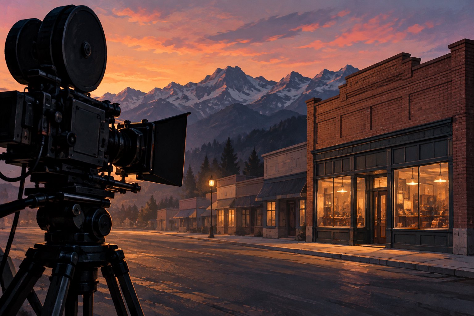 Conceptual illustration of a movie camera facing brick storefronts beneath mountains at sunset, not an actual Pawn Shop filming location.
