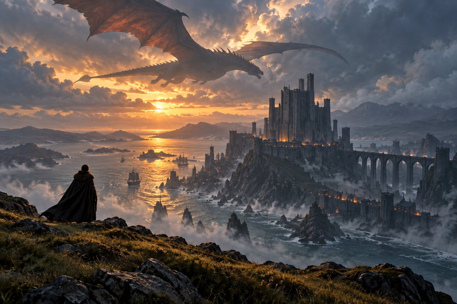 Concept illustration of a dragon flying above a coastal fortress at sunset as a cloaked figure watches from a rocky ridge.