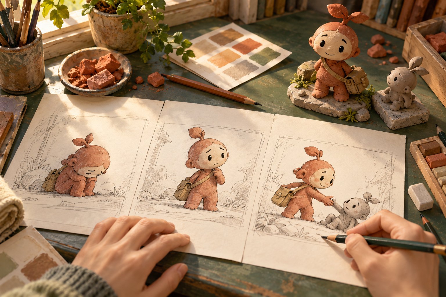 概念插画:创作者用分镜画稿与陶土模型表现原创角色的情绪变化
