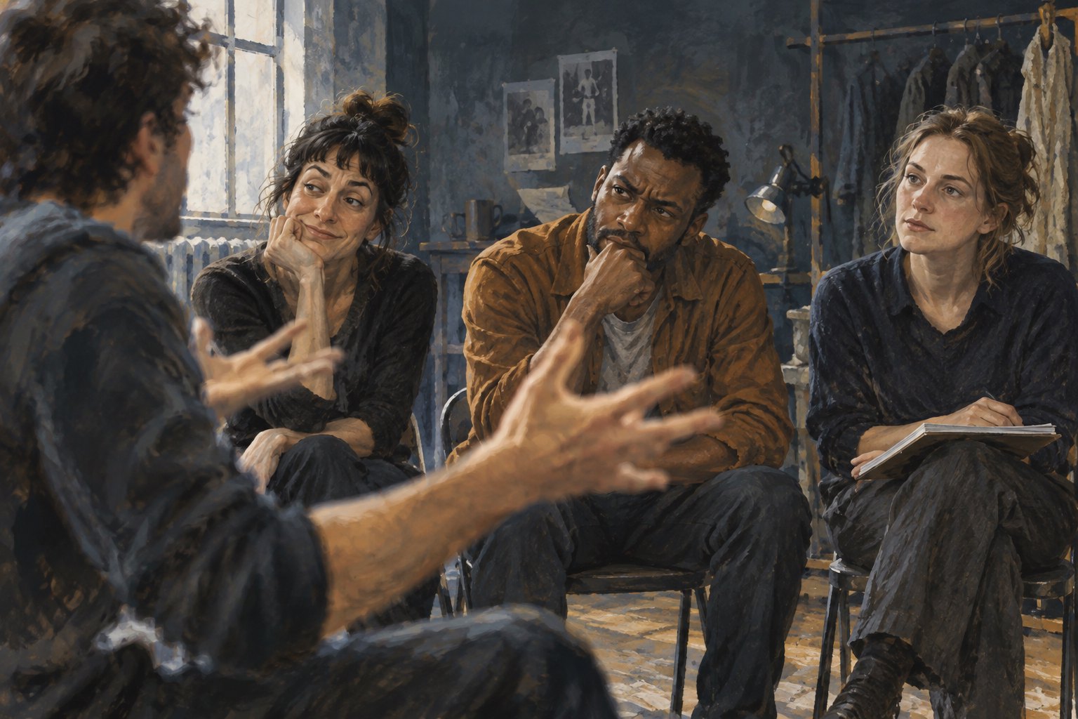Conceptual illustration of a gesturing performer facing three seated actors with contrasting reactions in a rehearsal room.