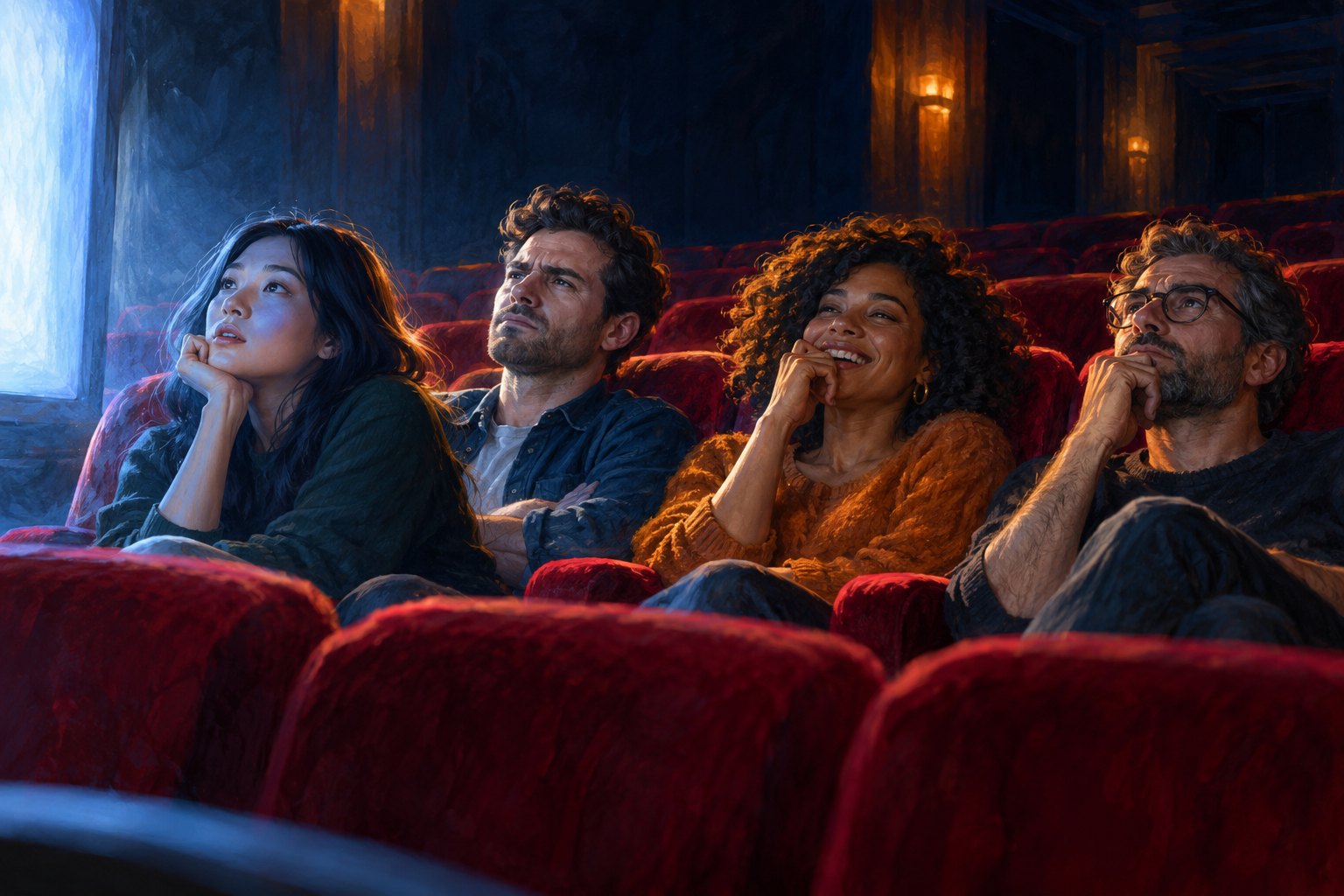 Conceptual illustration of four moviegoers watching a screen with attentive, skeptical, amused, and thoughtful expressions.