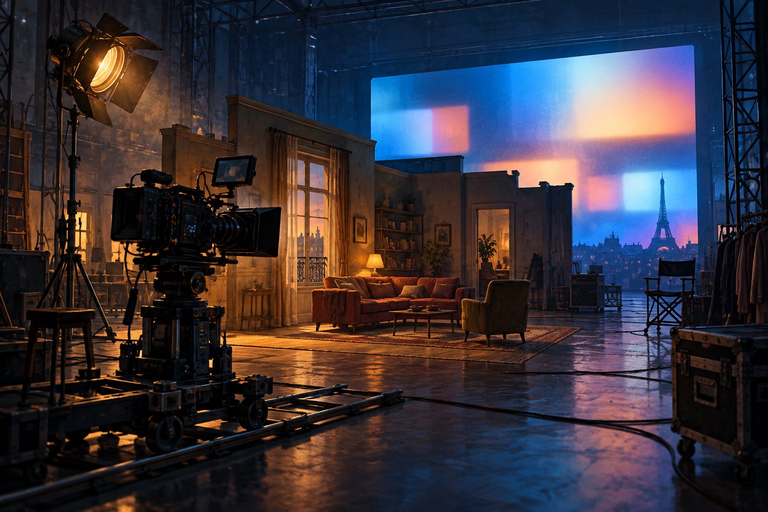 Conceptual illustration of an empty film studio with a cinema camera, an apartment set, and a glowing screen showing a Paris skyline.